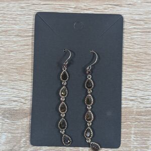 Long Teardrop Dangle Earrings Smoky Brown Faceted Stones Silver Tone